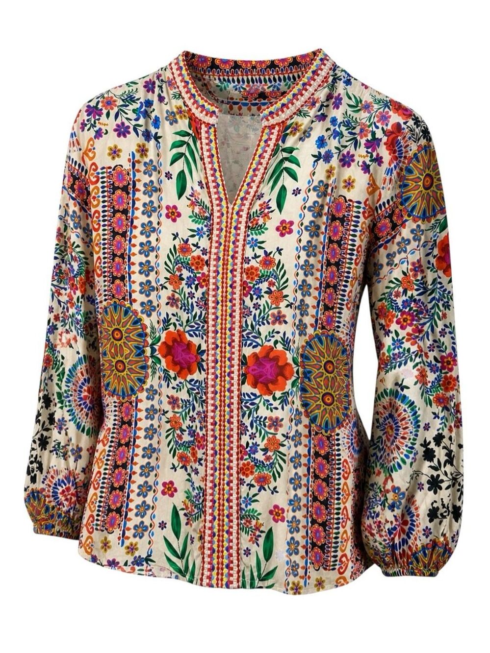 Karyn Seo Embroidered Blouse Floral Size Large Boho Long Sleeve Colorful